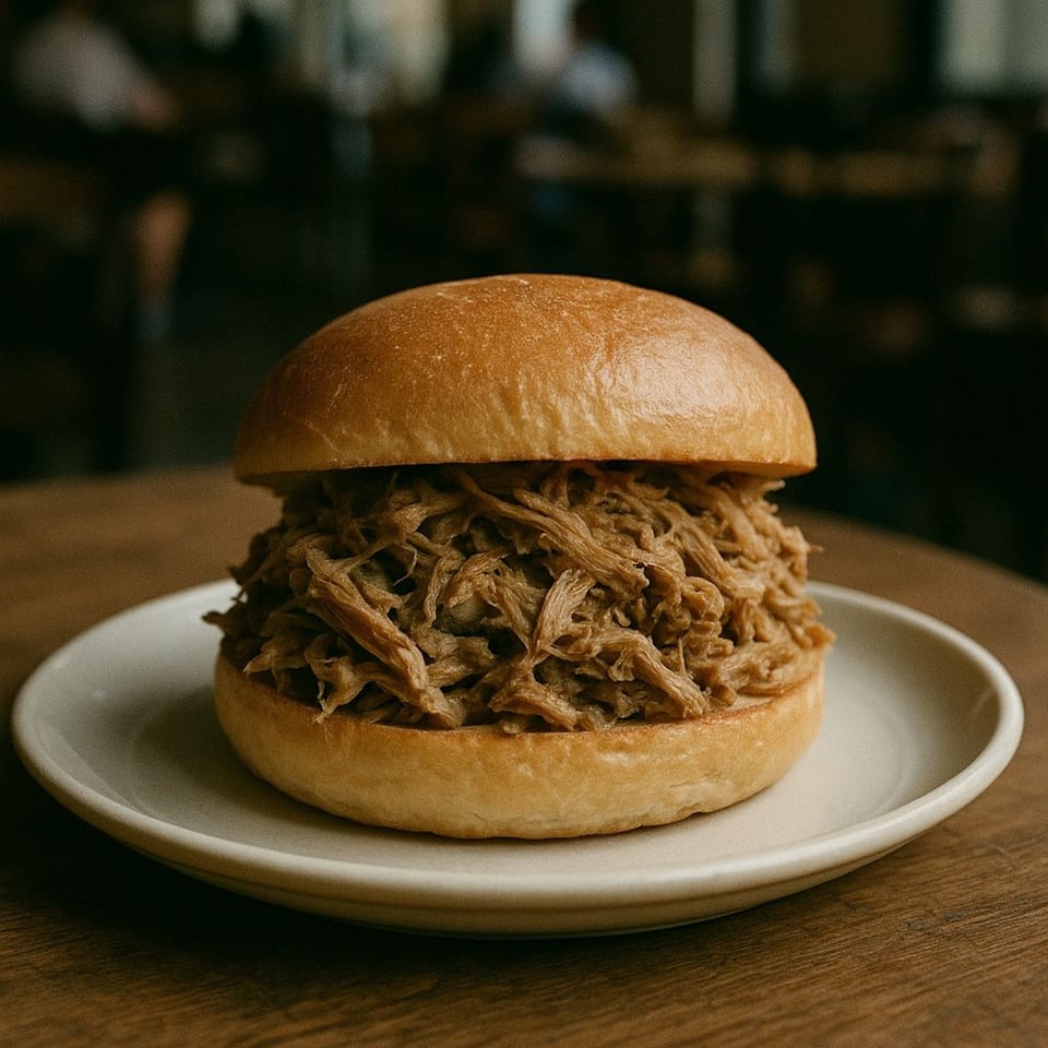 Pulled pork sandwich on a white plate, with a blurred restaurant background.