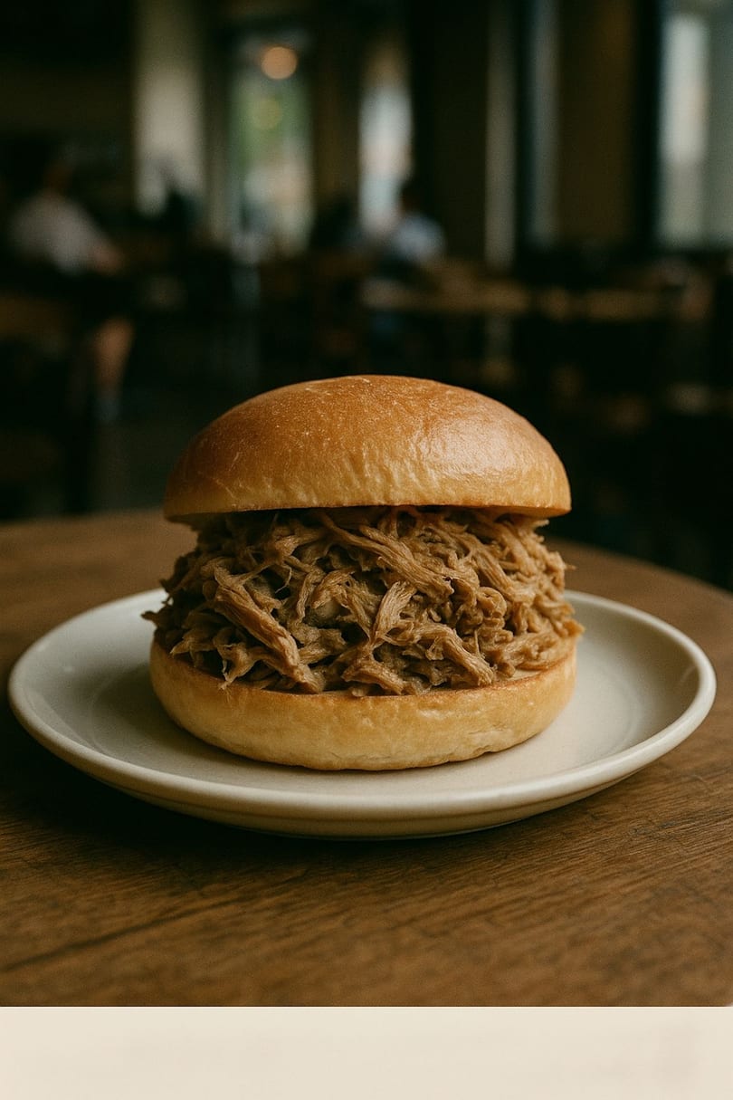 Pulled pork sandwich on a white plate, with a blurred restaurant background.