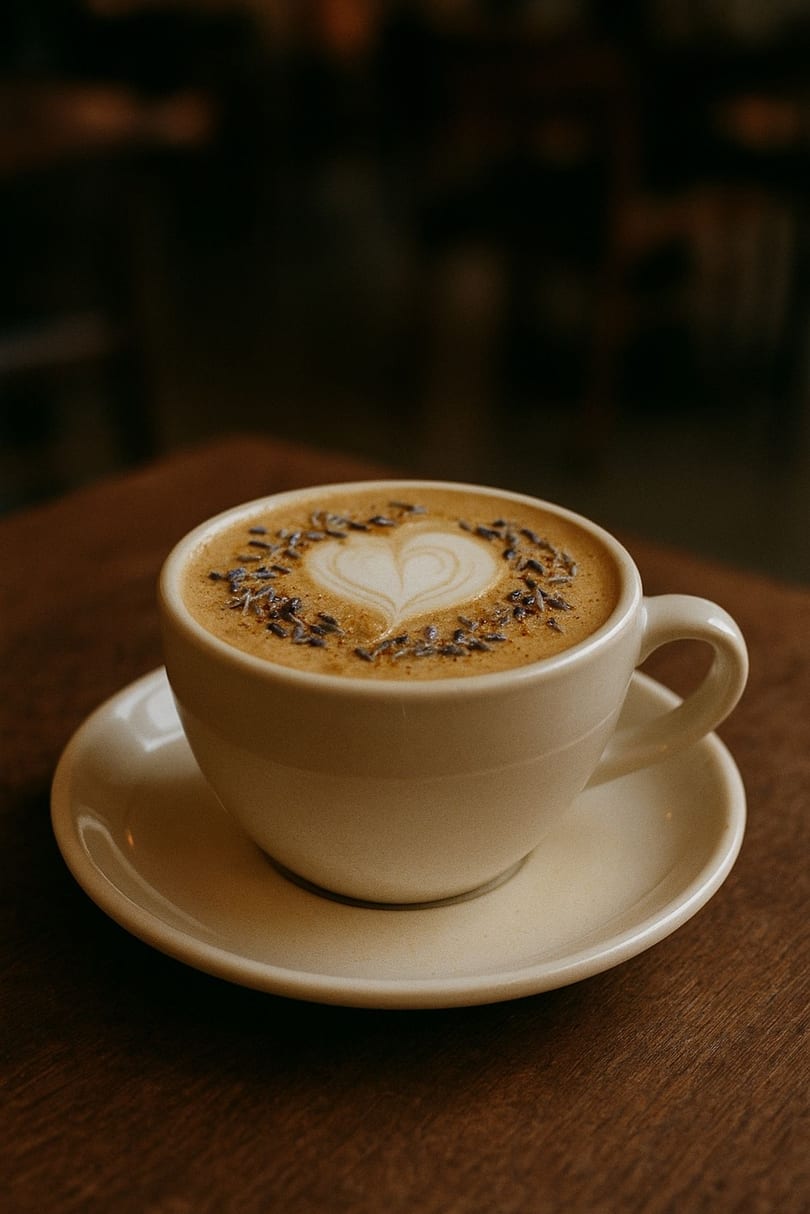 A Lazybird Coffee latte with heart-shaped latte art and lavender sprinkles on a wooden table.