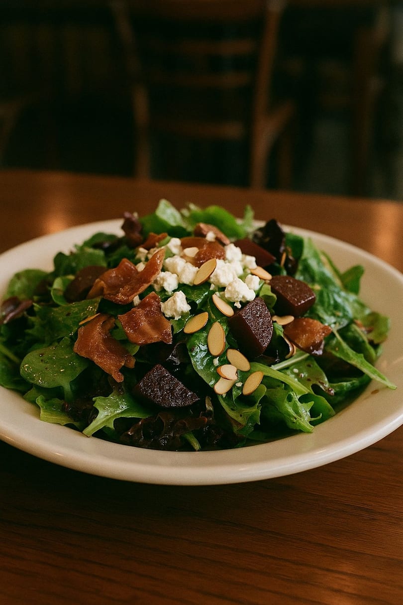 A fresh salad with mixed greens, beets, bacon, feta cheese, and sliced almonds in a white bowl.